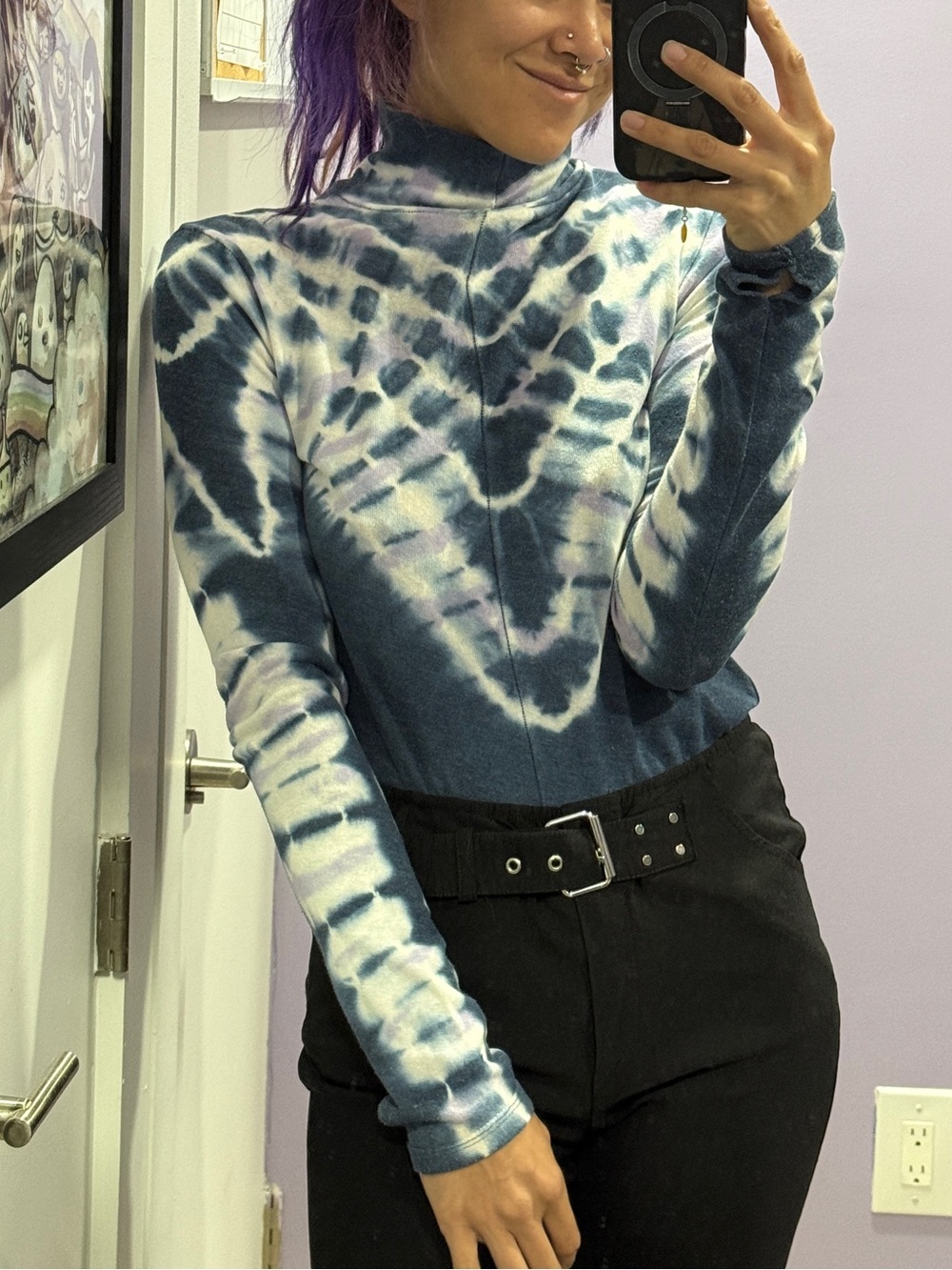 Free People Blue & White Tie-Dye Turtleneck Light Sweater / Knit Top